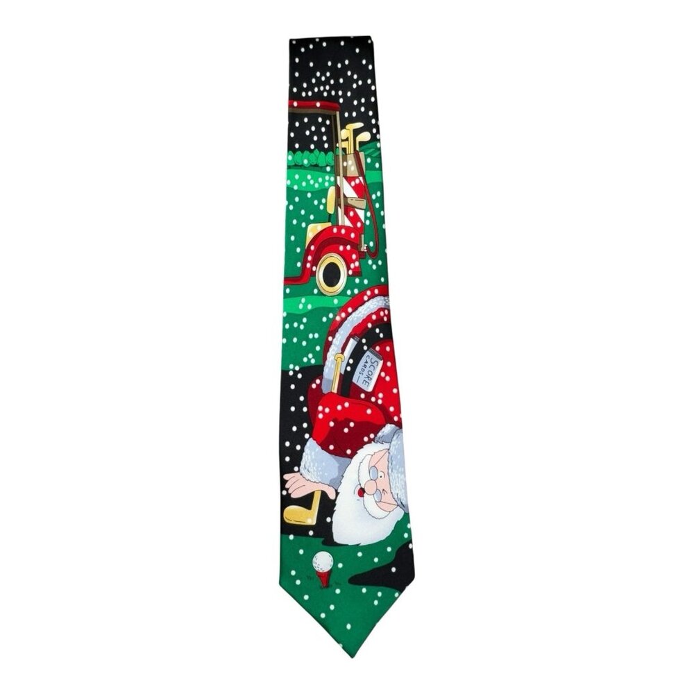 Noel Santa Golf Tie Christmas Holiday Novelty Snow Scene 100% Silk